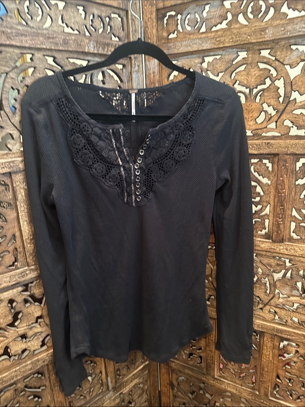 Free People Black Long Sleeve Lace-Trim Henley Top XL